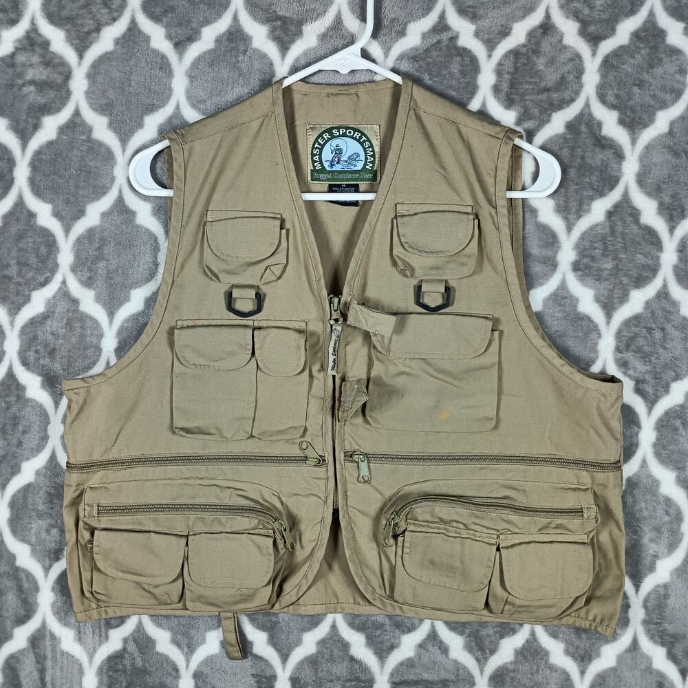 Master Sportsman Fishing Utility Vest Men Medium Tan Multi Pocket Outdoor Travel